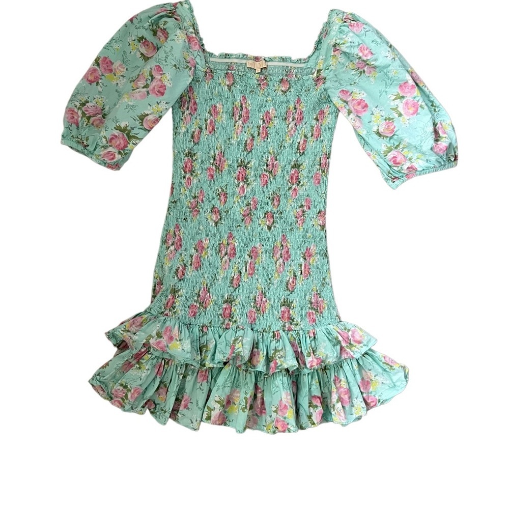 BYTIMO Dropped Waist Camelia Shirred Floral-print Cotton Mini Dress Turquoise M - Picture 7 of 12